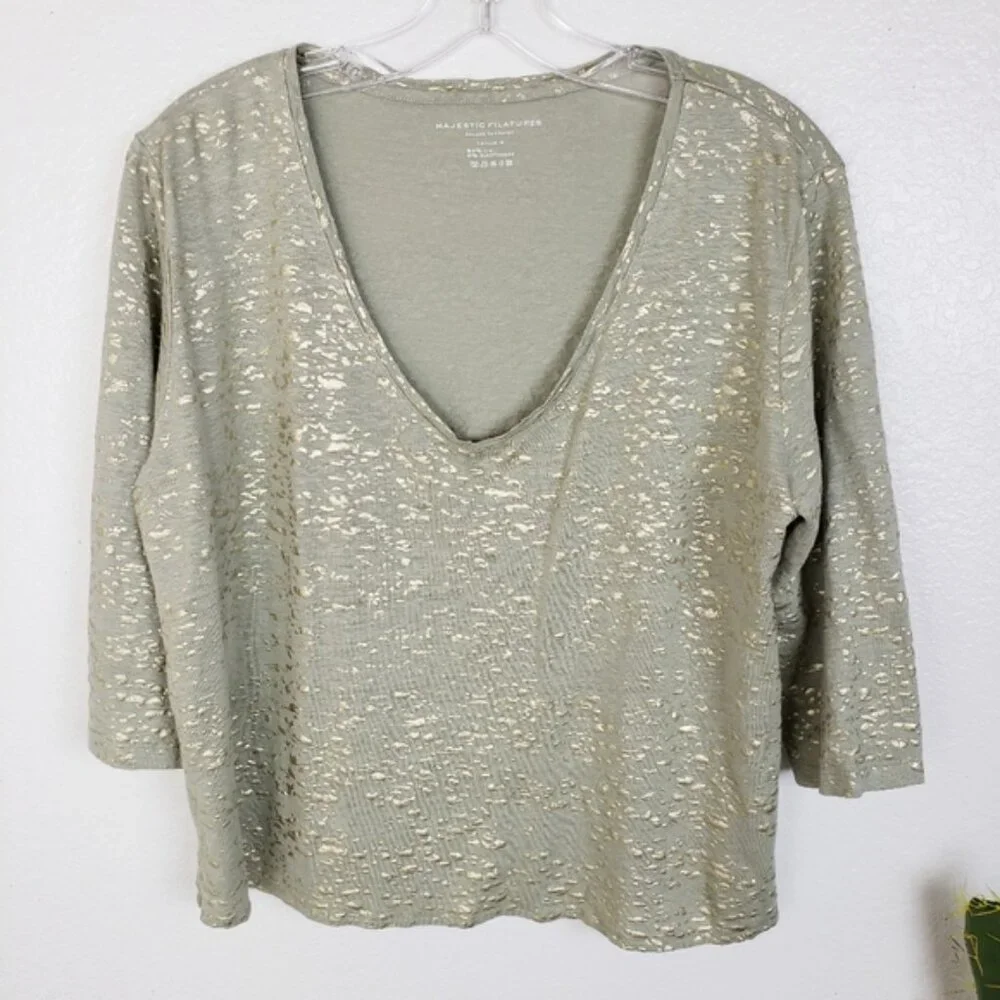 Majestic Filatures Stretch Linen Metallic Novelty 3/4-Sleeve Blouse Top size L